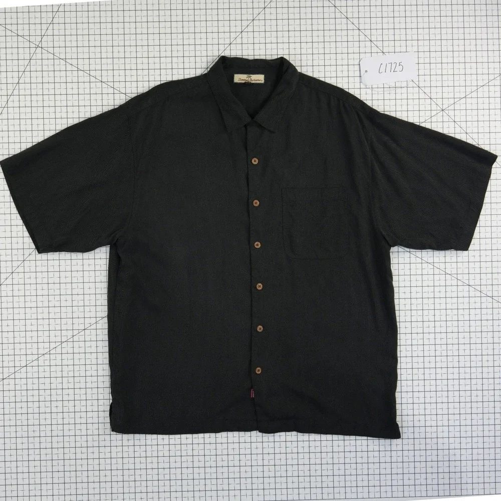 Tommy Bahama 100% Silk Camp Shirt Mens Size XL Black Silk Herringbone Button Top